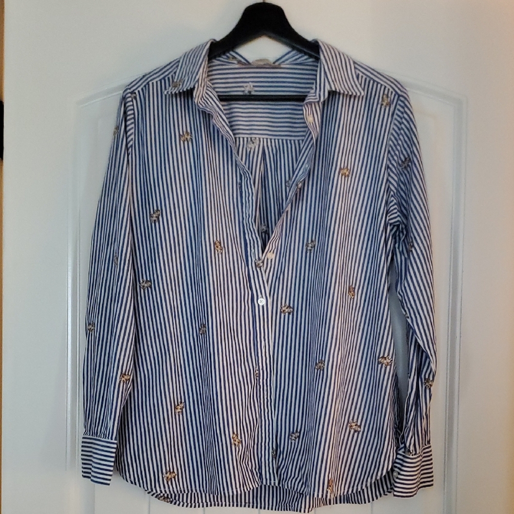 LOFT Blue and White Striped Embroidered Button-Down Shirt